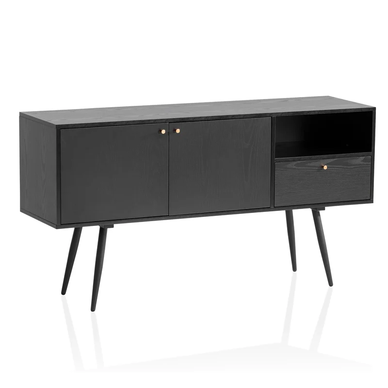 Sideboard 140x75x40cm Schwarz Eiche-Dekor 2 Türen Schublade Fach
