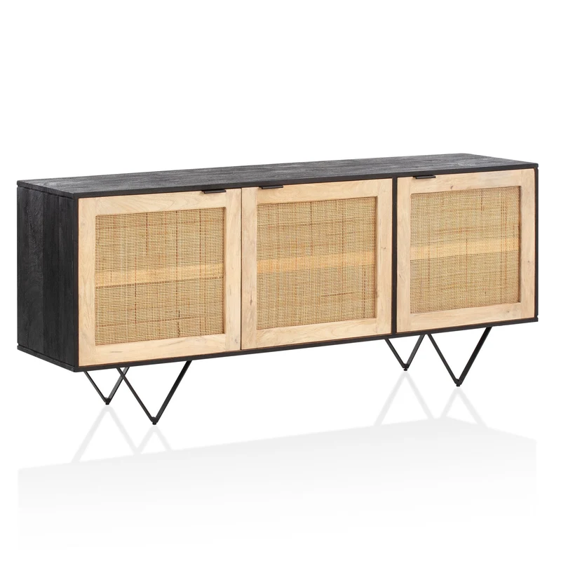 Sideboard Mango Rattan 175x75x45cm 3 Türen Schwarz Braun Wohnzimmer
