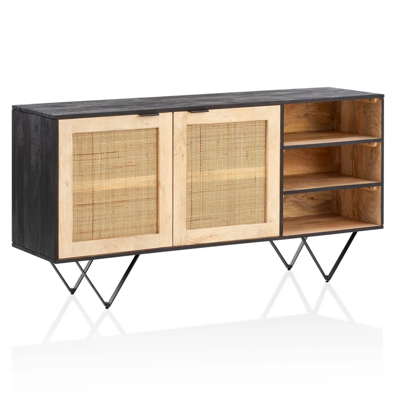 Sideboard Mango Massivholz Rattan 145x75x40cm 2 Türen Schwarz Braun