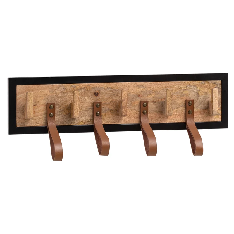 Wandgarderobe Mango Massivholz Leder 60x15x6cm Hakenleiste Metallrahmen