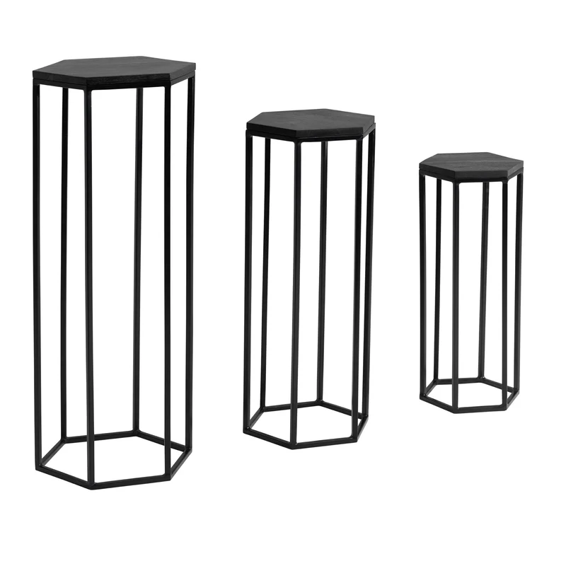 Beistelltisch 3er Set Mango Massivholz Metall Sechseckig Schwarz