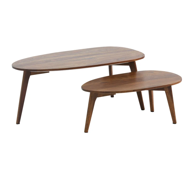 Couchtisch 2er Set Sheesham Massivholz Braun Retro Nierenform