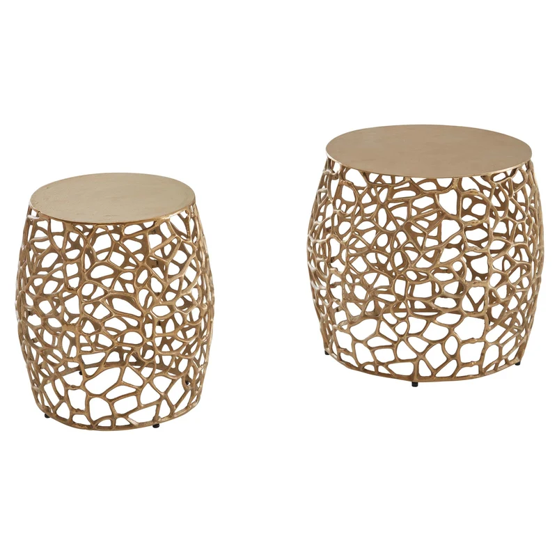 Beistelltisch 2er Set Aluminium Gold Rund Modern Ast-Struktur