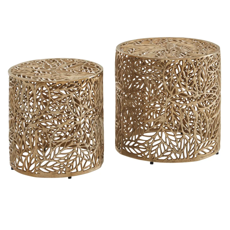 Beistelltisch 2er Set Aluminium Gold Rund Modern Blumenmuster
