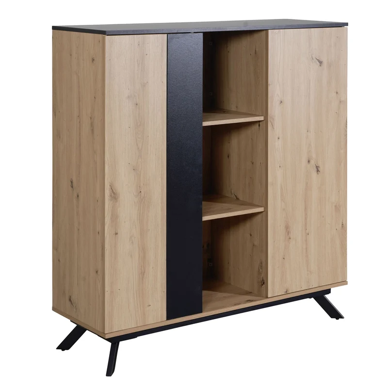 Highboard 110x125x40cm MDF Eiche-Dekor Schwarz 2 Türen Metallbeine