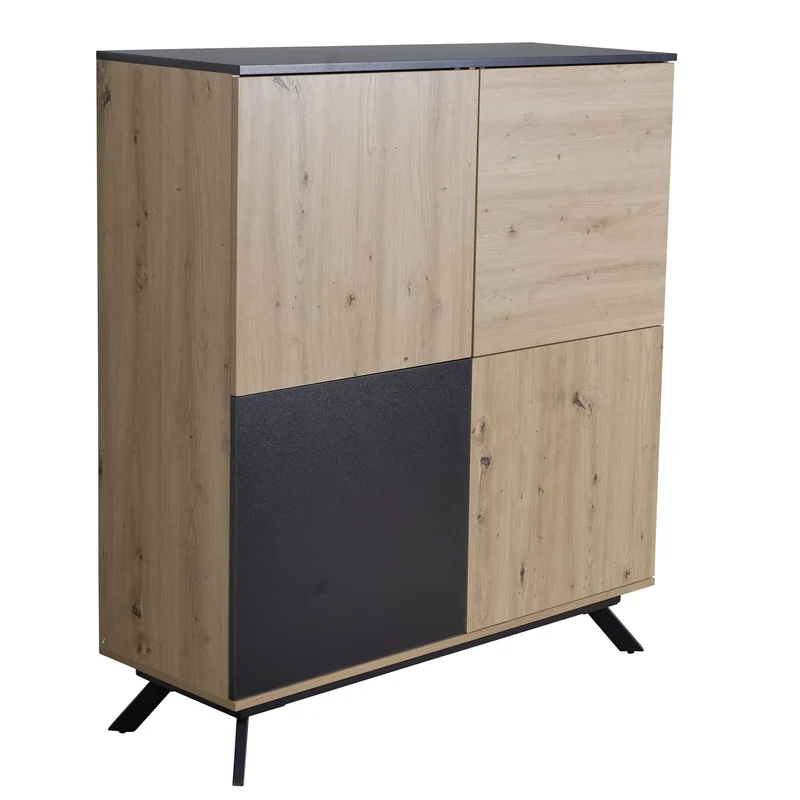 Highboard 110x125x40cm MDF Eiche-Dekor Schwarz 4 Türen Metallbeine Modern