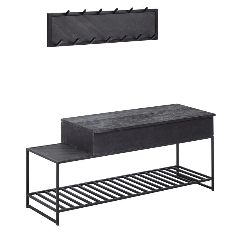 Garderoben-Set Sitzbank Wandgarderobe Mango Massiv Schwarz 110cm Industrial