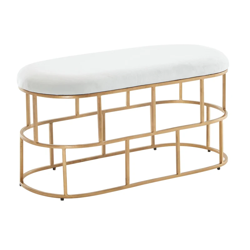 Sitzbank Samt Weiß Gold 90x46x38cm Polsterbank Metallgestell Modern