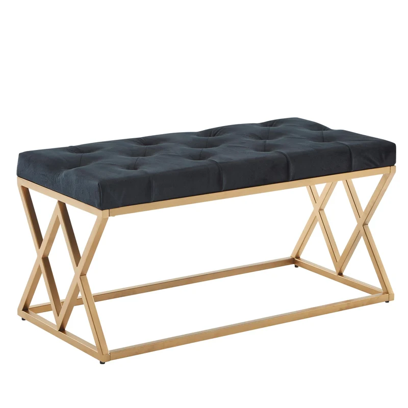 Sitzbank Chesterfield Samt Schwarz 90x46x44cm Metallgestell Modern