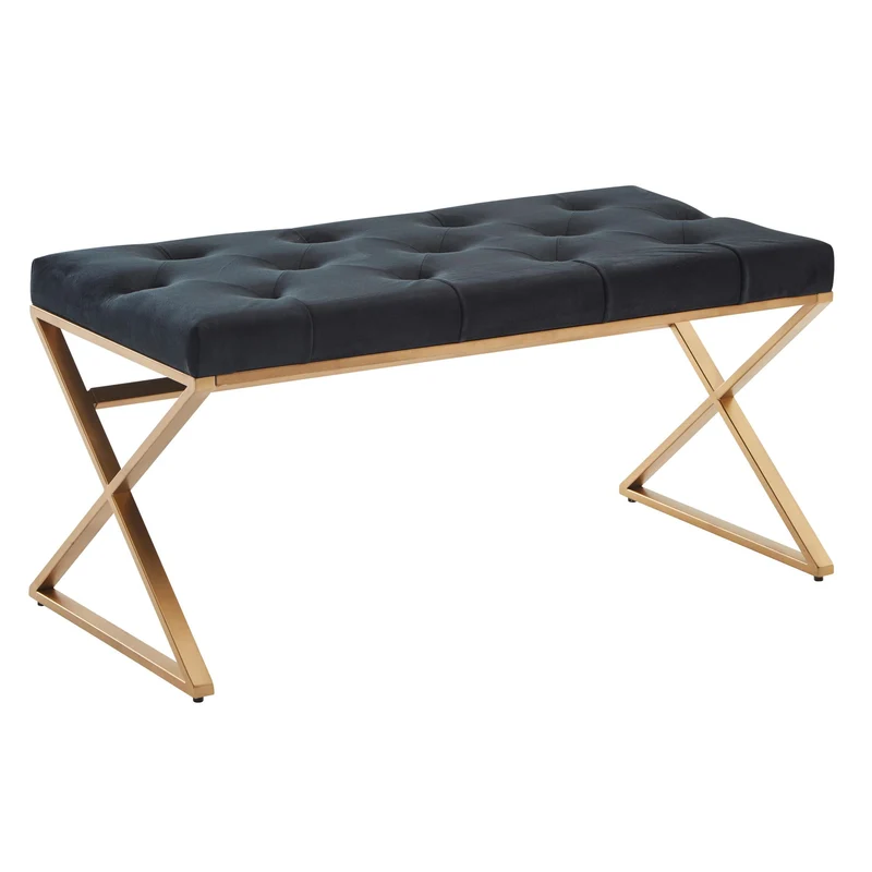 Sitzbank Chesterfield Samt Schwarz 90x46x44cm Metallgestell Modern