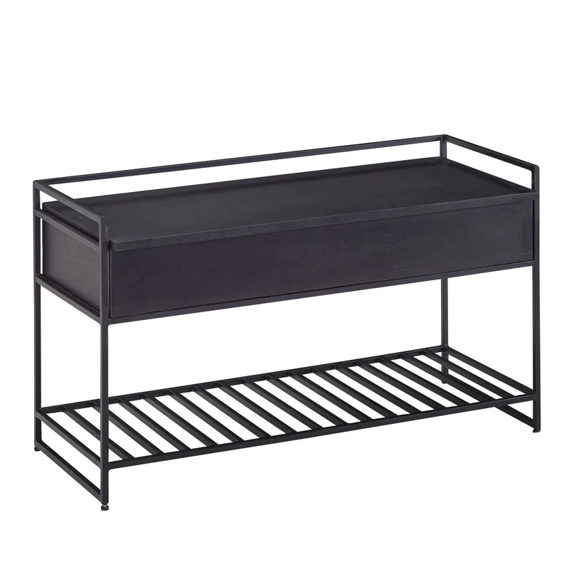 Sitzbank mit Stauraum Mango Massivholz Metall Schwarz 90x52x38 cm