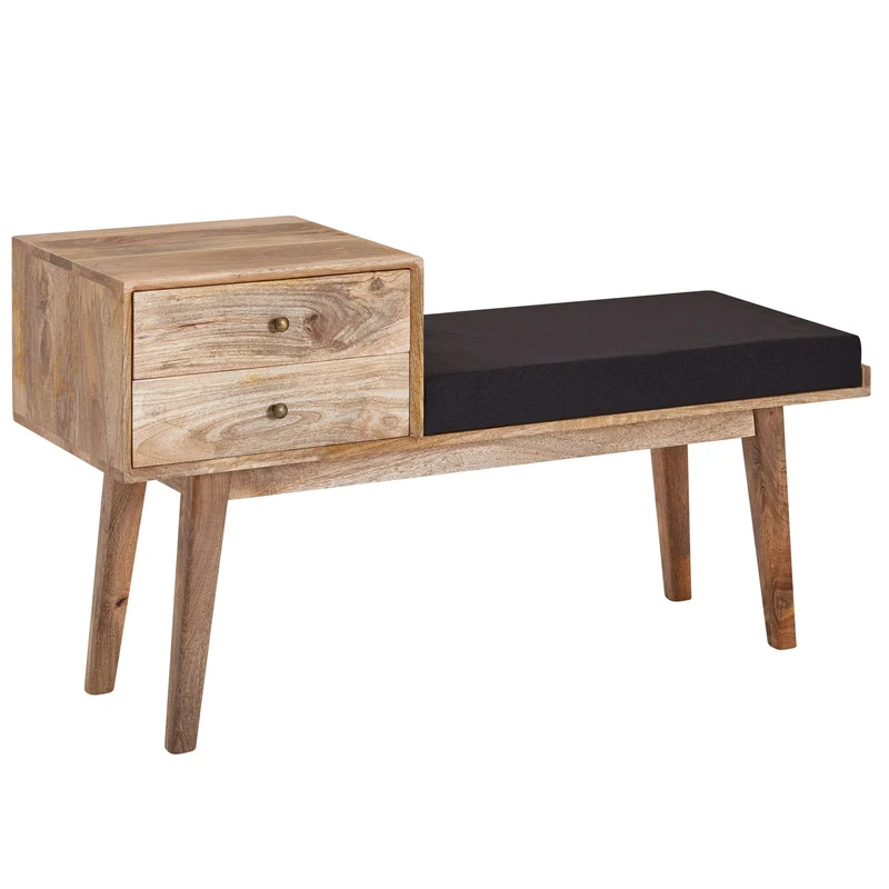 Sitzbank Retro 120x65x40cm Massivholz Stoff Stauraum Schwarz