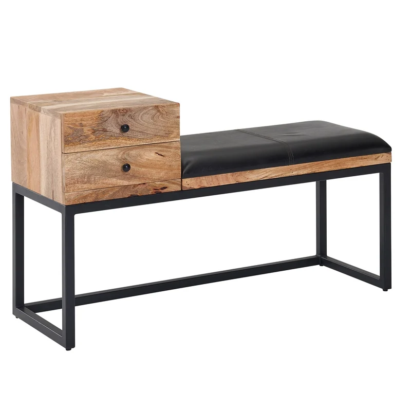 Sitzbank Ziegenleder Massivholz 100x60x35cm Retro Stauraum Schwarz