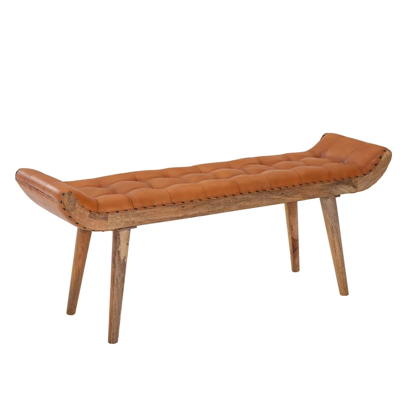 Sitzbank Chesterfield Echtleder Massivholz Braun 125x50x38cm Modern