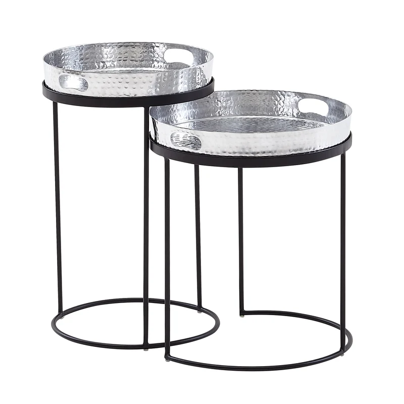 Beistelltisch 2er Set Rund Silber Schwarz Metall Hammerschlag Tablett