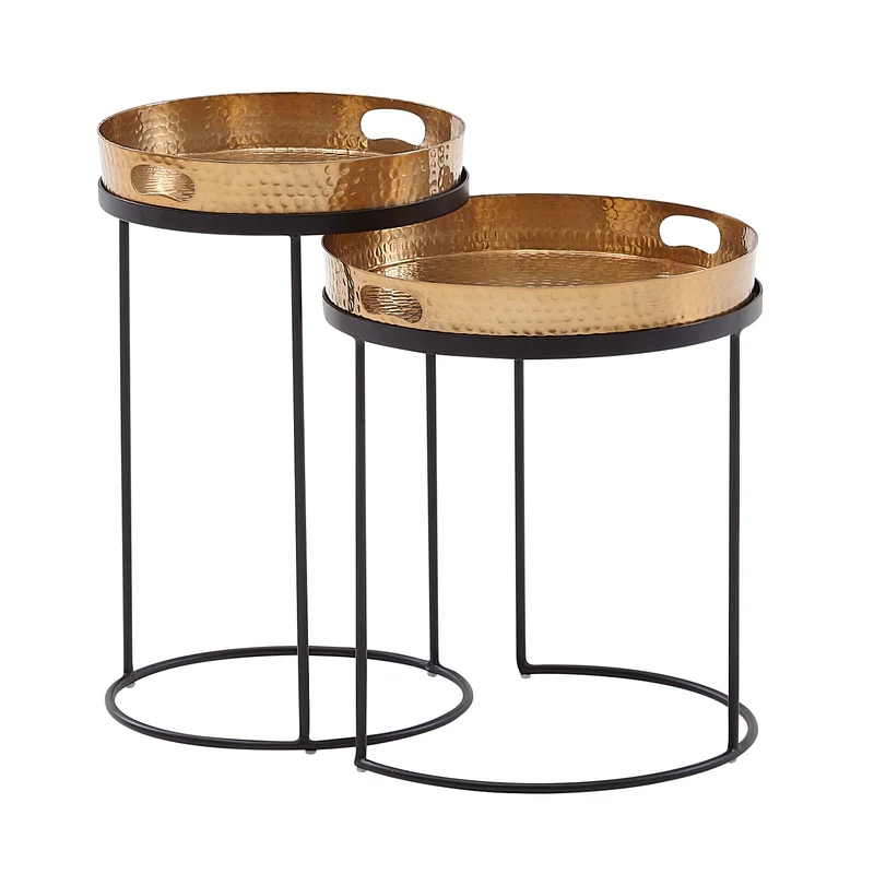 Beistelltisch 2er Set Rund Gold Schwarz Metall Hammerschlag Modern