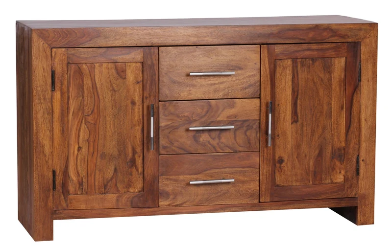 Sideboard Sheesham Massivholz 118cm 3 Schubladen 2 Türen Landhaus braun