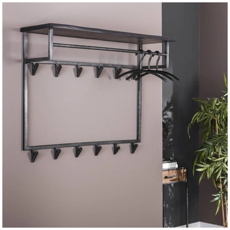 Wandgarderobe Garderobe YUKON 12 Haken Hutablage Stahl Akazie Schwarz