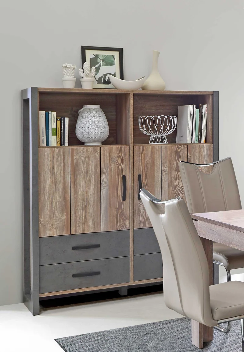 Highboard NOTE 2 Türen 4 Schubladen Optik: Picea Kiefer und Betonoptik