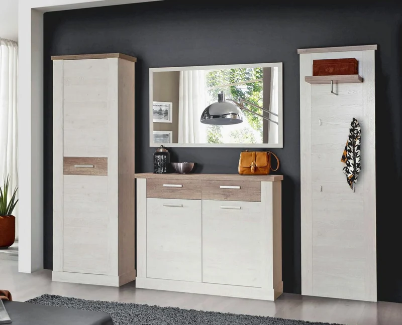Garderobe DURO 4-tlg. Komplett-Set, Pinie weiß Absetzungen Eiche Antik