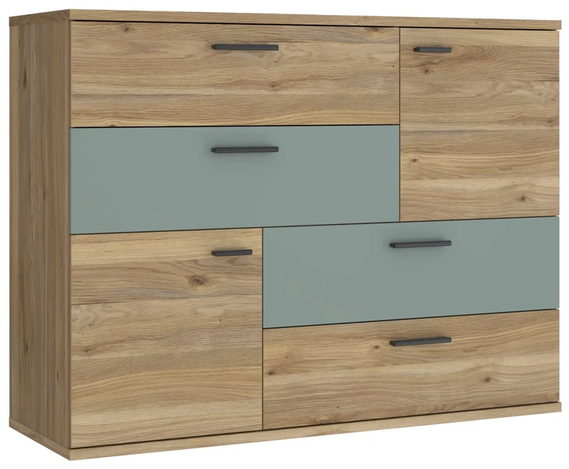 Kommode SKIVE Optik: Mauvella Eiche / Sage Green 2-trg. 4 Schubladen