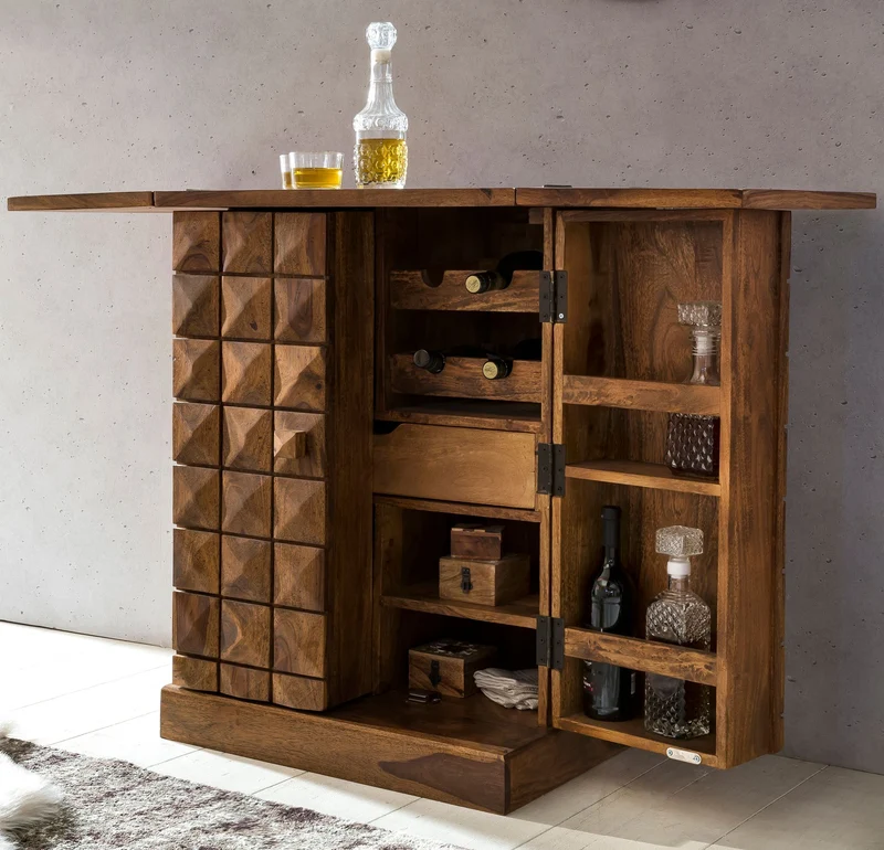 Hausbar LUCCA Sheesham Massivholz 65x91x50 cm Weinbar ausklappbar