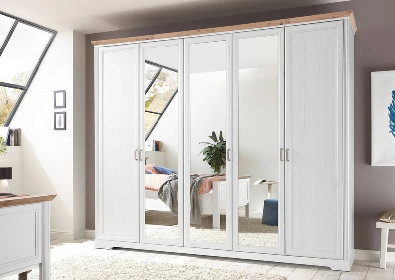 Kleiderschrank JASMIN 5 Türen mit Spiegel Pinie weiß Nachbildung