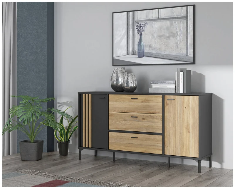 Sideboard Kommode JOAKIMIS in Schwarz / Mauvella Eiche Optik, Forte