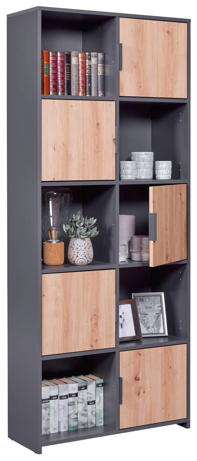 Bücherregal PEPETO 5T Regal mit 5 Türen Optik: Grau / Artisan Eiche