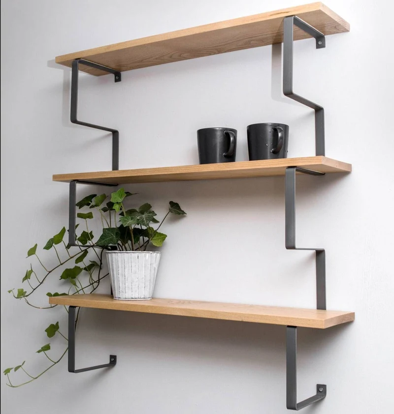 Wooden wall shelf with metal construction