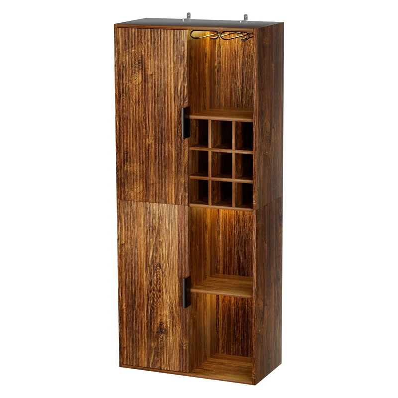 Yorbay Weinschrank mit LED-Beleuchtung 140 cm, mit Glashalter, 9er Weinfach & Türen