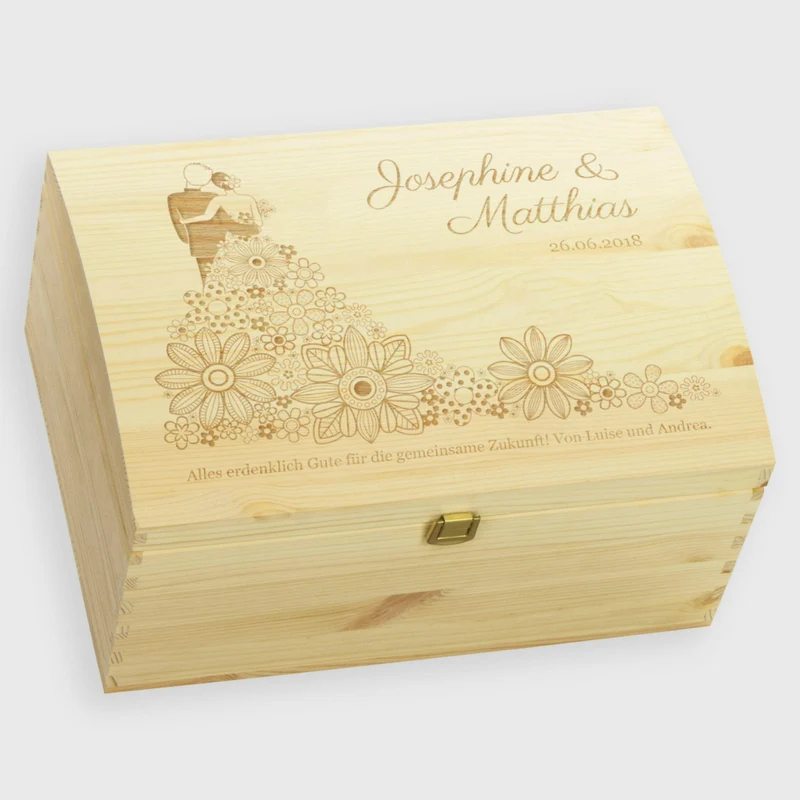 Holztruhe zur Hochzeit - Personalisiert - Blumenkleid Motiv - Größe L, FSC®