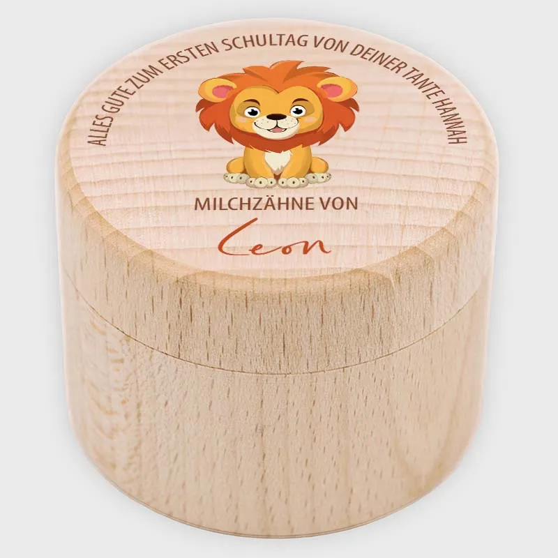 Personalisierte Milchzahndose aus Lindenholz mit Namen - Zahnbox für Kinder - Löwe Motiv | Natur, Runde - Baby Geschenk & Andenken zur Taufe