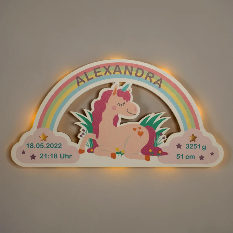 Schlummerlicht Baby mit Namen - Kinder Nachtlicht Personalisiert - Einhorn | LED Holz Lampe