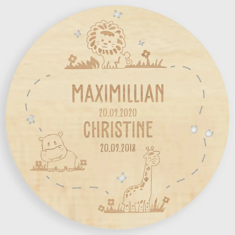 Namensschild aus Holz für zwei Kinder - Personalisiert - Dschungel Motiv - Natur