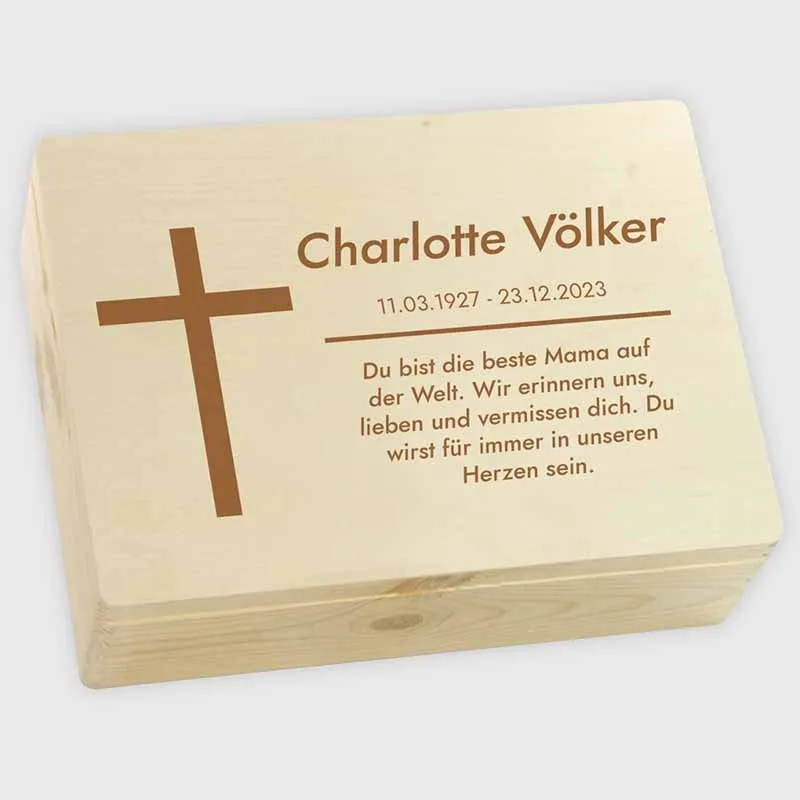 Erinnerungskiste an geliebte Menschen - Trauerkiste Personalisiert mit Name & Wunschtext - Kreuz, UV-Druck - Erinnerungsbox Verstorbene - Natur, FSC®