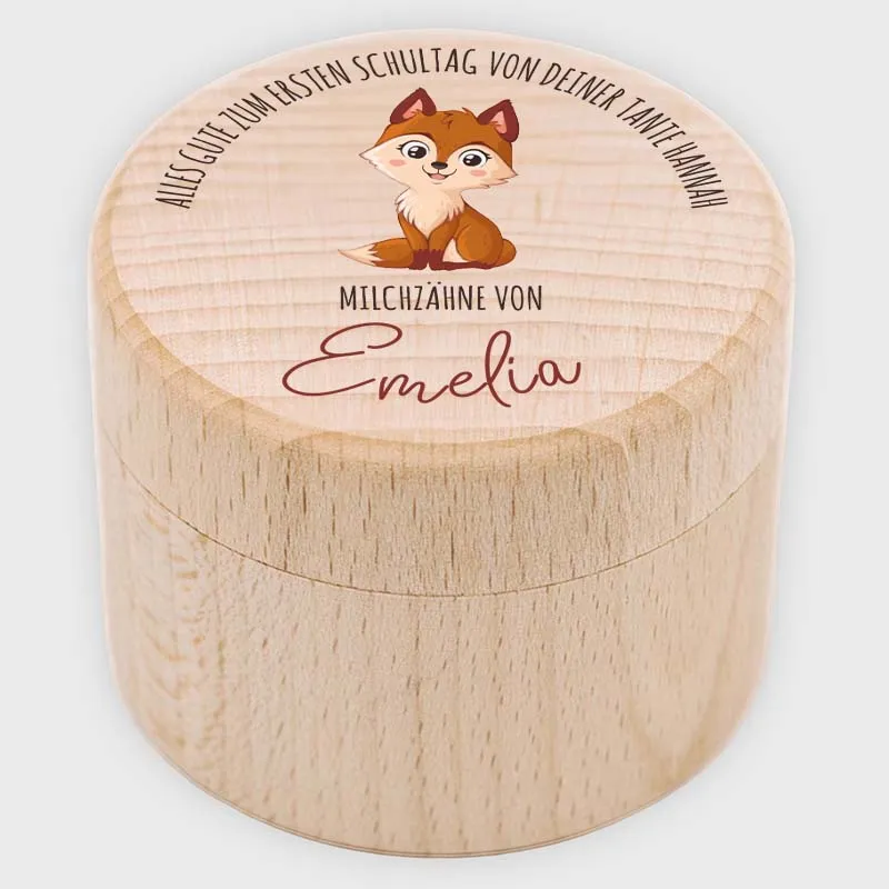Personalisierte Milchzahndose aus Lindenholz mit Namen - Zahnbox für Kinder - Fuchs Motiv | Natur, Runde - Baby Geschenk & Andenken zur Taufe