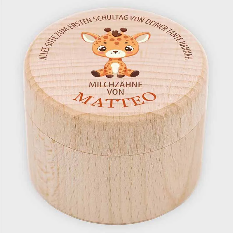 Personalisierte Milchzahndose aus Lindenholz mit Namen - Zahnbox für Kinder - Giraffe Motiv | Natur, Runde - Baby Geschenk & Andenken zur Taufe