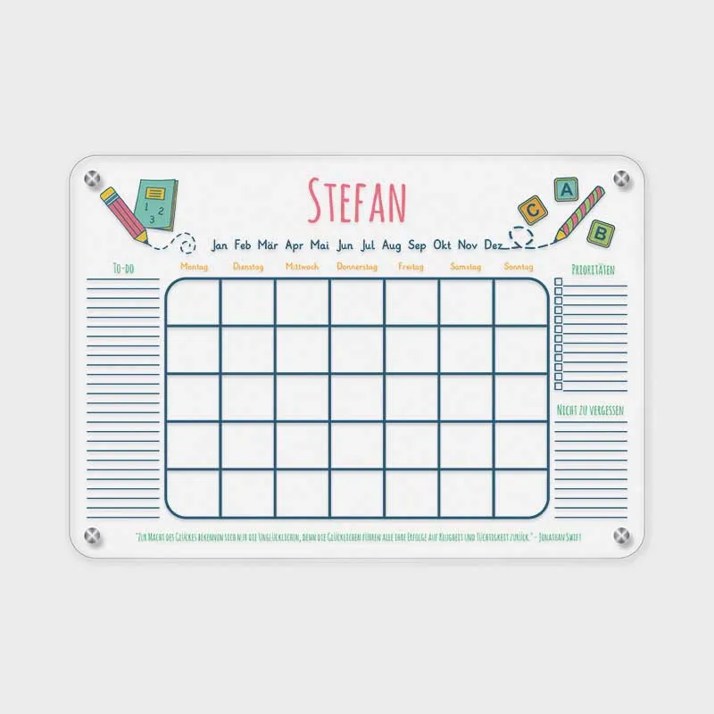 Personalisierter Wandkalender für Kinder - Schule Motiv | Wochenplaner & Monatsplaner mit Name - Acrylglas, abwischbar