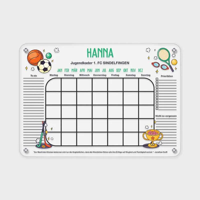 Personalisierter Wandkalender für Kinder - Sport Motiv | Wochenplaner & Monatsplaner mit Name - Acrylglas, abwischbar