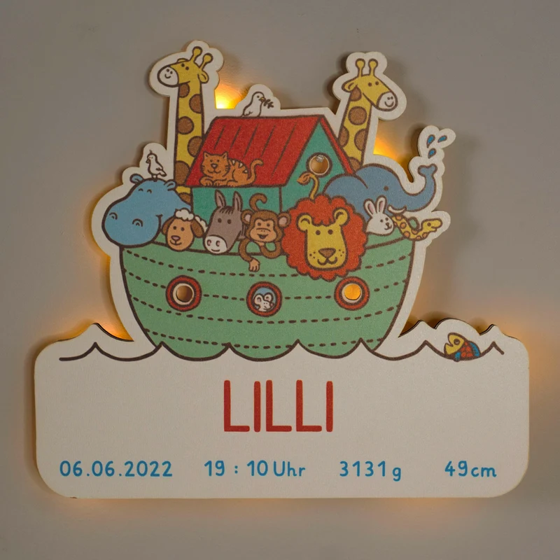 Schlummerlicht Baby mit Namen - Kinder Nachtlicht Personalisiert - Arche Noah | LED Holz Lampe