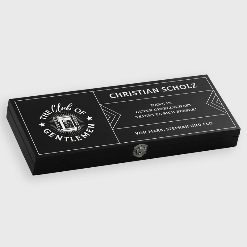 Whisky Geschenkset - Personalisiert - Whiskysteine & Untersetzer - Gentleman Club Motiv