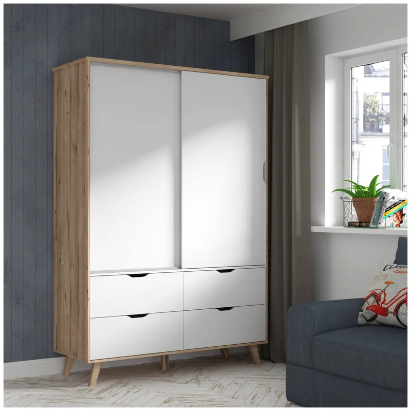 Kleiderschrank VANKKA mit Schiebetüren - Plankeneiche / Weiß von Forte