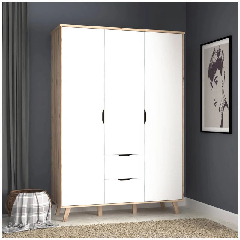 Kleiderschrank VANKKA Drehtürenschrank Optik Plankeneiche / Weiß Forte