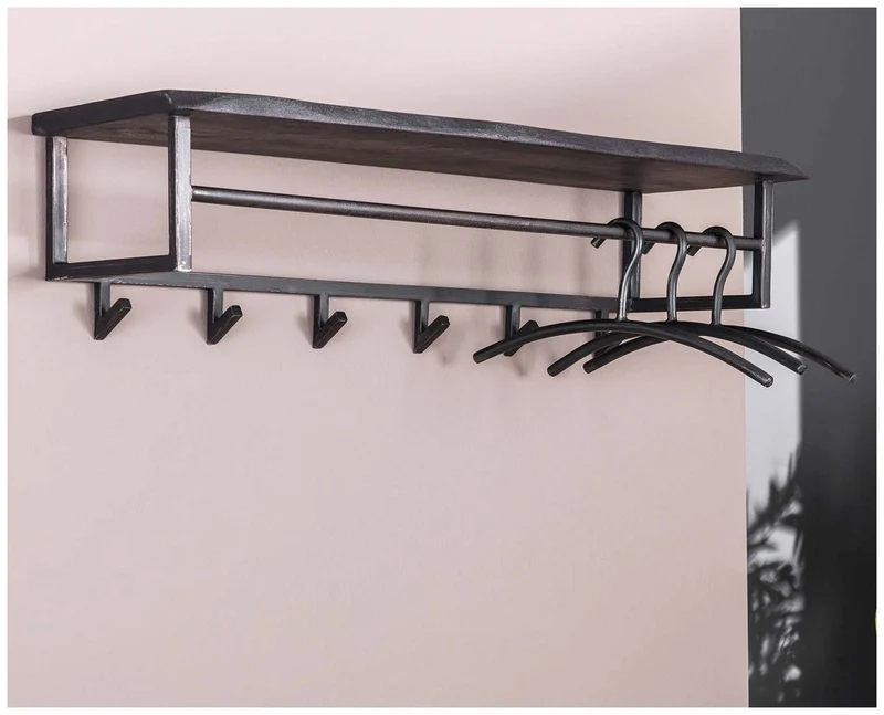 Garderobe Wandgarderobe YUKON 6 Haken Hutablage Stahl Akazie Schwarz