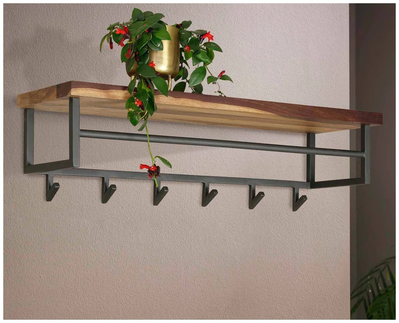 Garderobe Wandgarderobe DAYTON 6 Haken mit Hutablage aus Saja Nussbaum