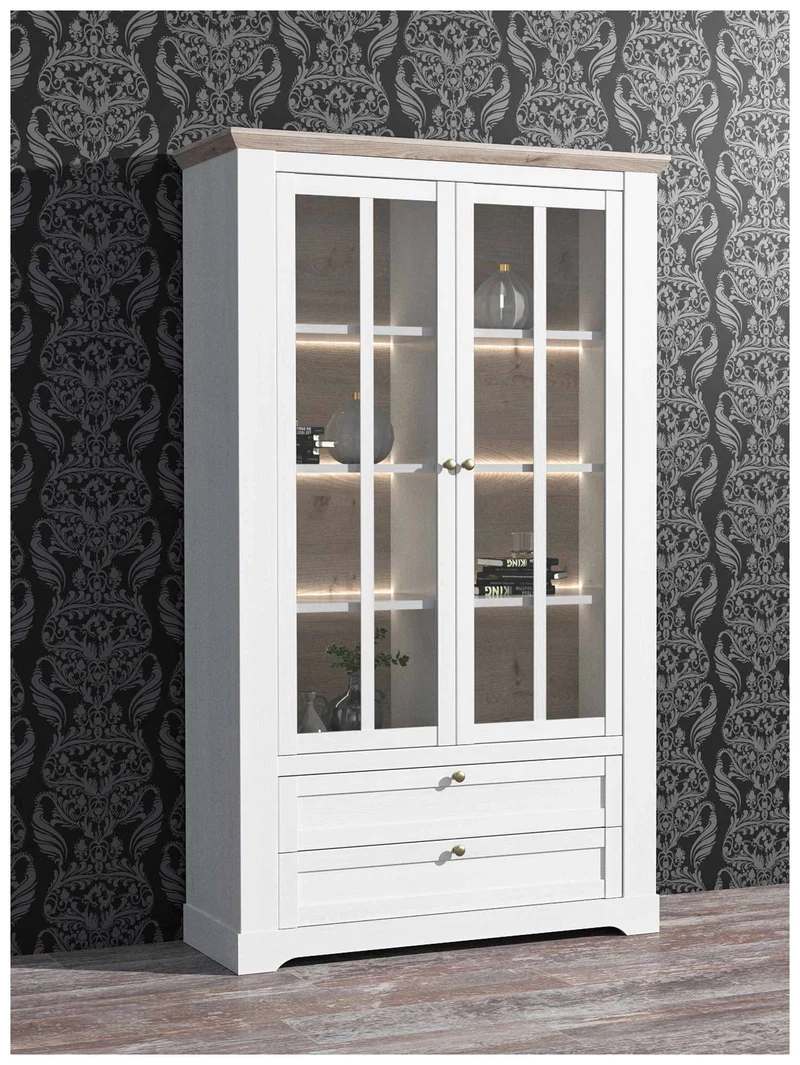 Vitrinenschrank ILOPPA 2-trg. 2 Schubladen Optik: Schneeeiche, Forte