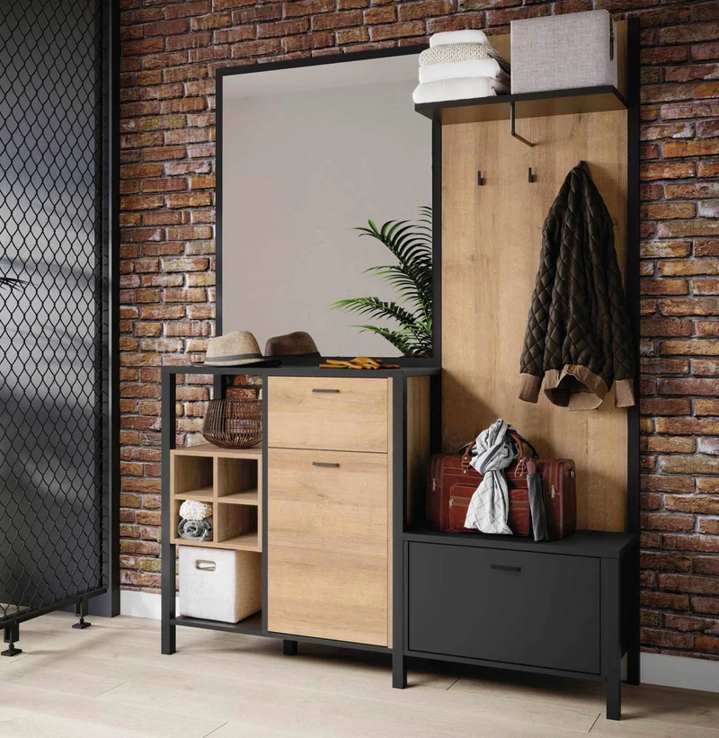 Garderobe Kompaktgarderobe HIGH ROCK Riviera Eiche Optik/Schwarz Forte
