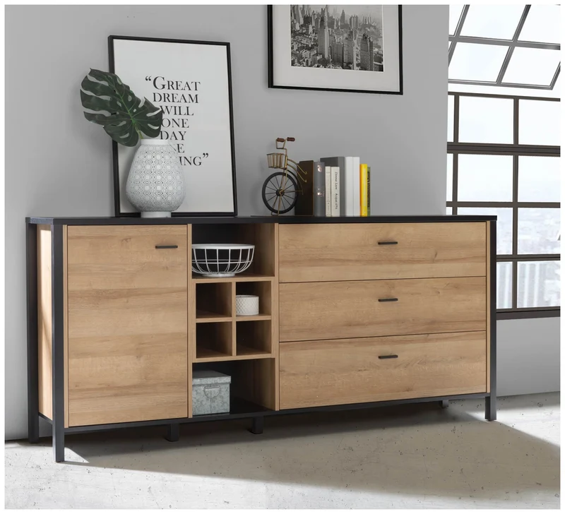 Sideboard Kommode HIGH ROCK 186 cm Riviera Eiche Optik /Schwarz, Forte
