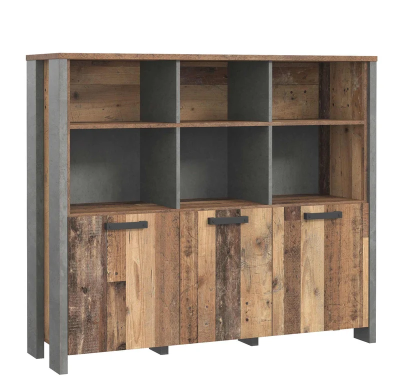 Highboard Regal CLIF 3 Türen und offenem Regal Optik: Old Wood Vintage